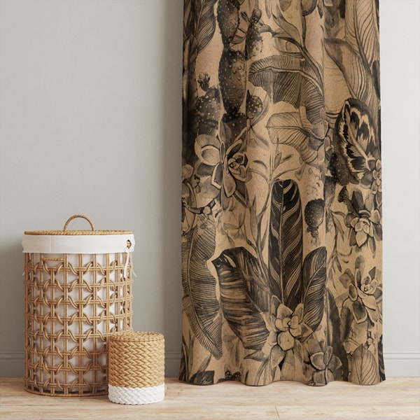 vintage nature, gold curtains, botanical curtains, living room curtains, blackout curtains,  custom curtains, tropical curtains