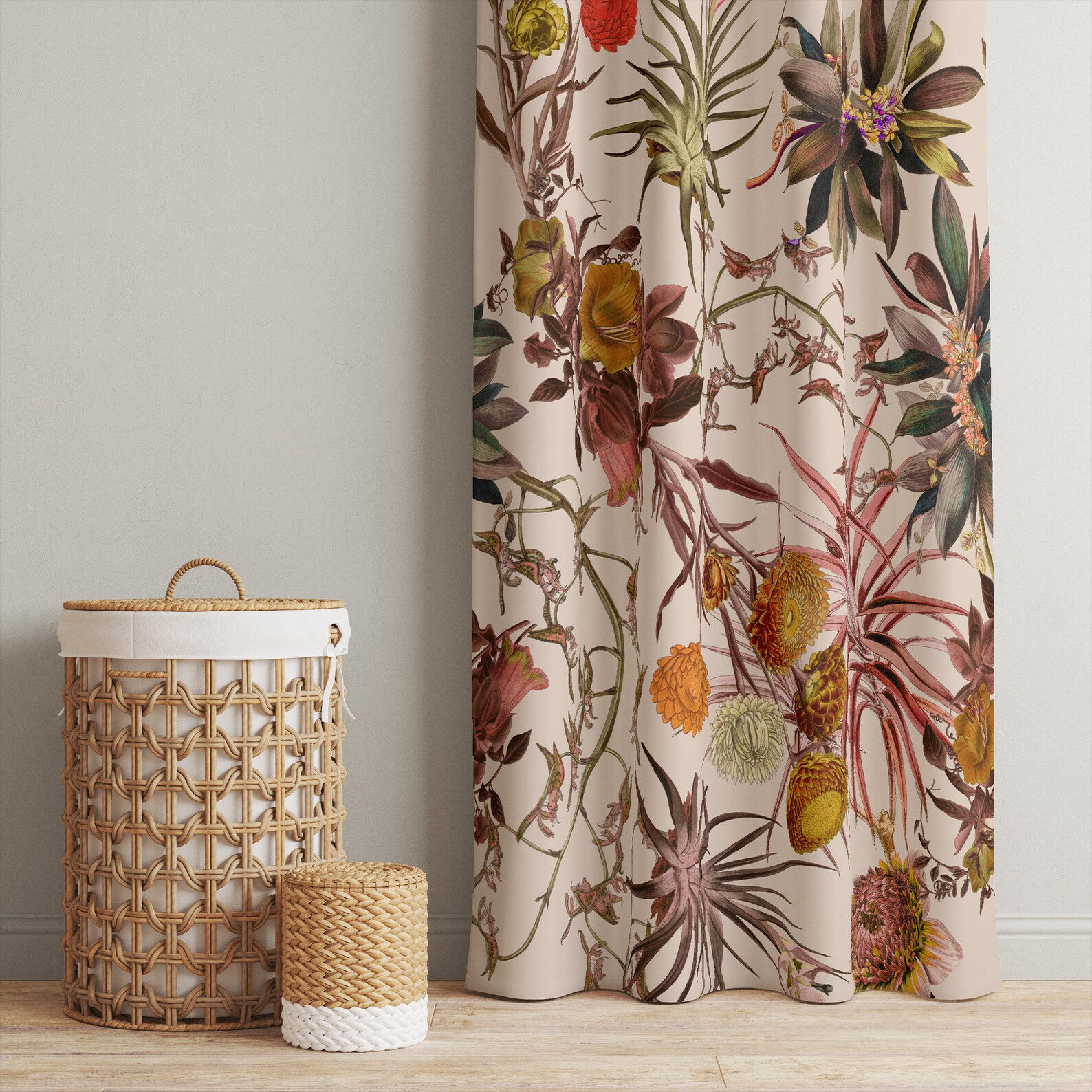 Vintage Flowers, Floral Curtains, Beige Background, Living Room