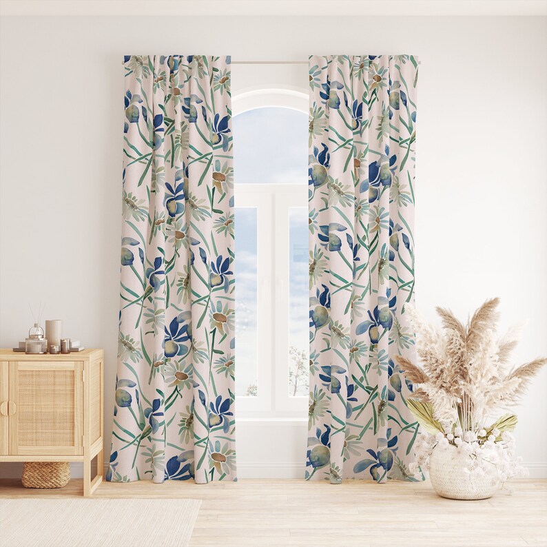 Watercolor Blue Flowers Floral Curtains Bedroom Curtains Etsy