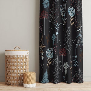 forest herbs, black curtain, living room curtains, botanical curtains, custom curtains, bedroom curtains, printed curtains