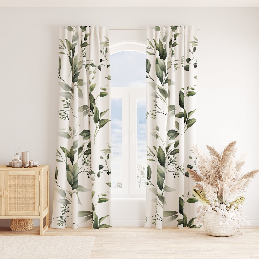 Green Twigs, White Curtains, Botanical Curtains, Curtains for Living