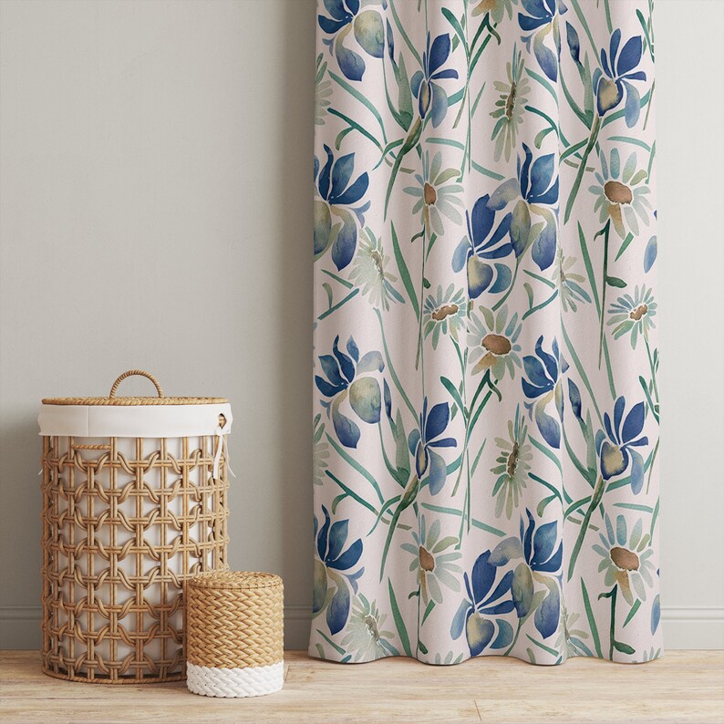 Watercolor Blue Flowers Floral Curtains Bedroom Curtains Etsy