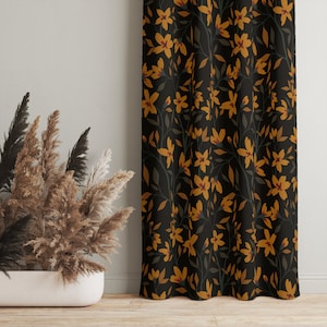 floral curtains, orange flowers, dark background, garden pattern, custom curtains, living room curtains, bedroom curtains, window curtains