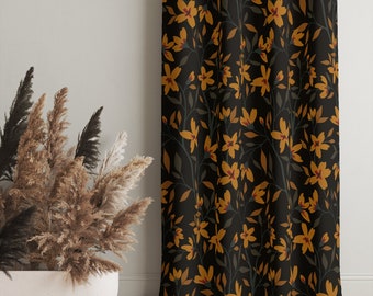 floral curtains, orange flowers, dark background, garden pattern, custom curtains, living room curtains, bedroom curtains, window curtains