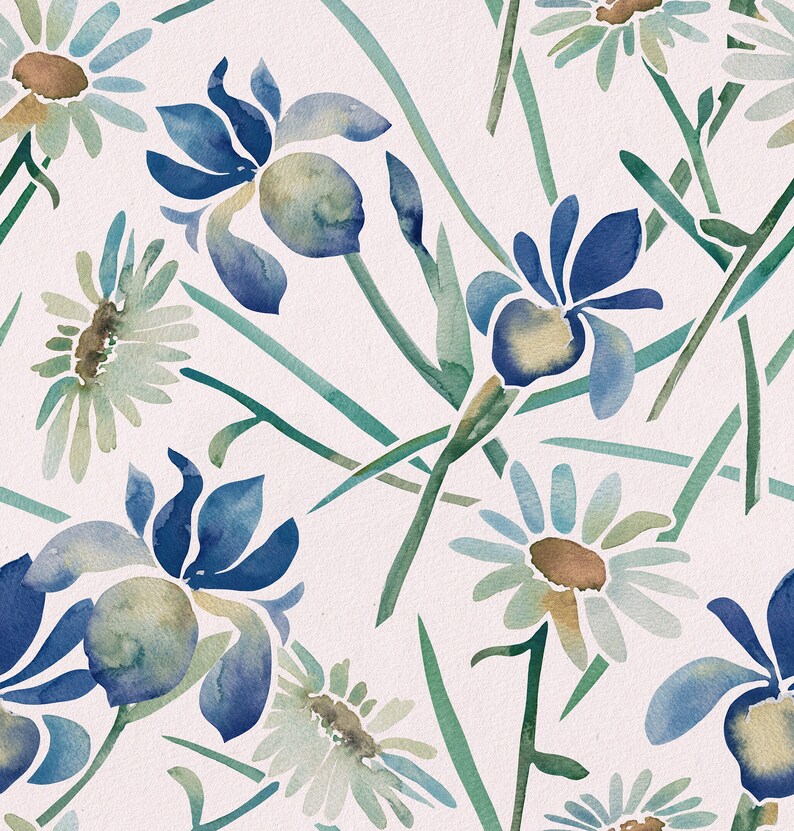 Watercolor Blue Flowers Floral Curtains Bedroom Curtains Etsy