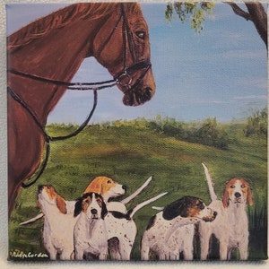 May include: A painting of a brown horse with a black bridle and four dogs. The dogs are white with brown spots and are looking at the horse. The background is a green field with a blue sky and trees.