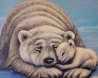 Polar Bear Canvas Print: Mama and Baby Bear Art by Nadya Gordon (8x8)