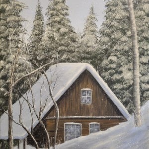 Original Acrylic Winter Cabin Painting on Stretched Canvas | Snowy Landscape Art | 12x16&quot; Hand-Painted Wall Decor