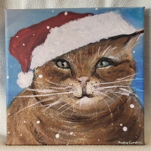 Cat Canvas Print of Original Painting by Nadya Gordon -  Snow Christmas - Winter Cat Painting - Orange Cat in Santa Hat