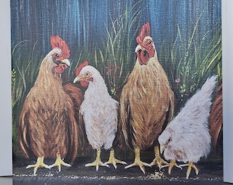 May include: A canvas painting depicts four chickens in a row. Two roosters with red combs and brown feathers stand beside two white chickens. The background features tall green grass and a dark blue sky.