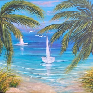 Palm Trees and Sailboats in the Ocean Painting Original Art by Nadya Gordon - Beach Painting- Seascape