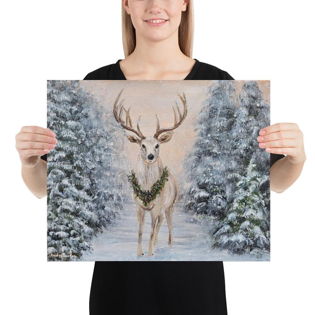 Winter Deer Print of Painting Holiday Woodland Art Christmas Deer Wall ...
