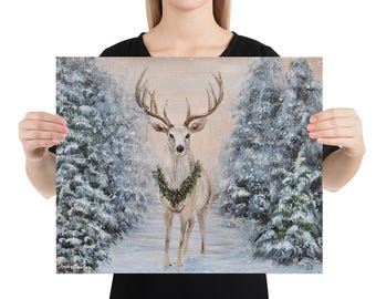 Winter Deer Print of Painting Holiday Woodland Art Christmas Deer Wall Decor Snowy Forest Painting