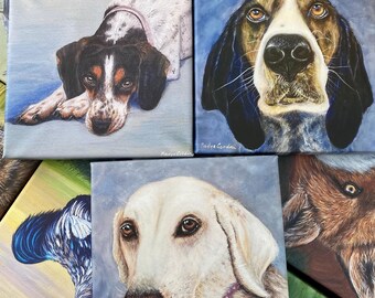 May include: A collection of square canvas paintings featuring detailed portraits of various dog breeds. The paintings showcase a range of colors and textures, with each dog's unique features highlighted. The artwork is signed by the artist.