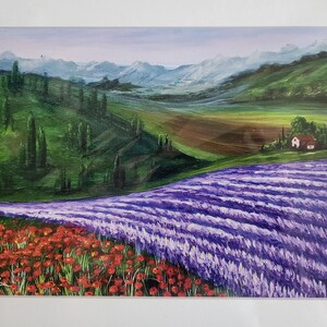May include: A painting of a landscape with a field of purple lavender flowers in the foreground, a field of red poppies in the middle ground, and a small house in the background. The painting is set against a backdrop of rolling hills and mountains.