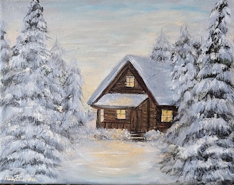 Cozy Cabin in Snow Painting | 8x10 Winter Landscape Acrylic Art