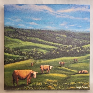 Grazing Cows Pastoral Countryside Canvas Print of Original Painting by Nadya Gordon - Wall Art Gift
