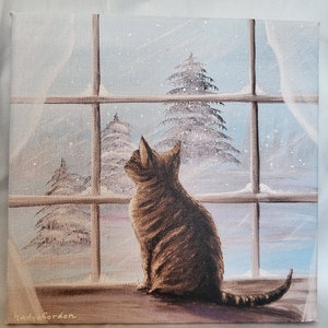 Cat Canvas Print of Original Painting by Nadya Gordon - Snow Scene Gift Art Landscape Snow Christmas - Winter Cat Painting