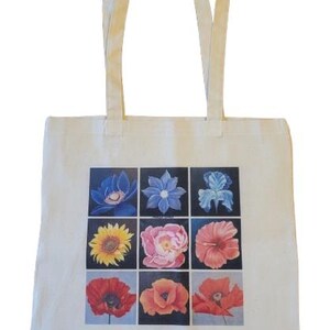 Flowers Art Tote Bag / Cotton Canvas Tote Bag / Floral Print Bag/ Sunflower, Poppy,  Clematis,  Iris, Hibiscus, Peony