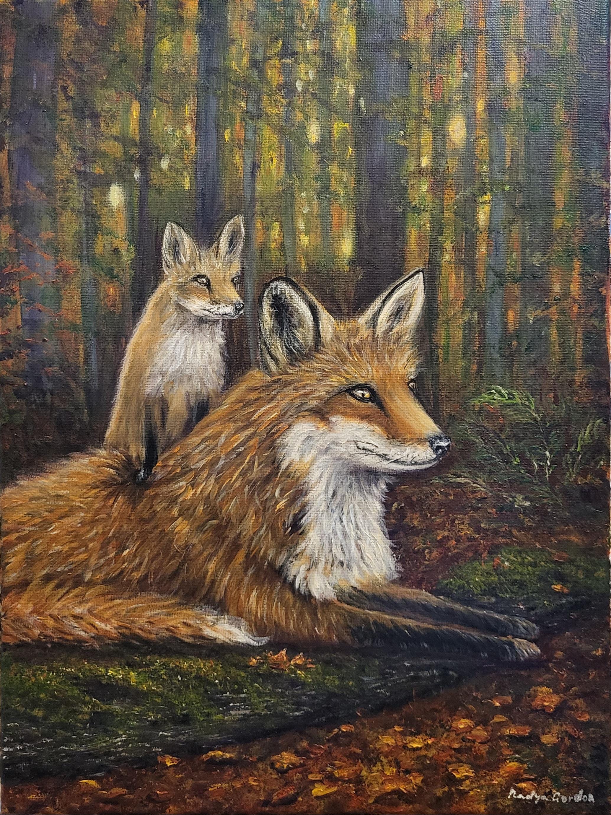 Red Fox and Kit Painting Original Acrylic Artwork 12x16 Forest Wildlife Art Woodland Animal Nature Wall Decor Fox Lover Gift