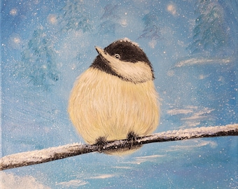 Winter Chickadee Original Painting on Canvas, Art by Nadya Gordon - Snow Winter Gift, original paintings for sale online