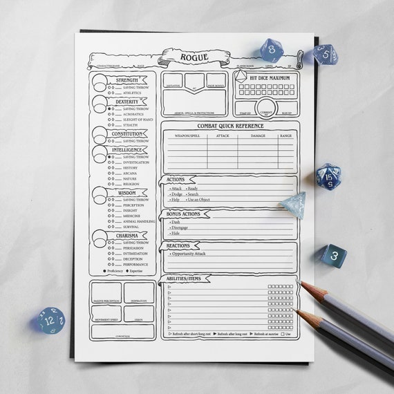 Dungeons & Dragons 5E Rogue Character Sheet 2 Sided Digital -  Portugal