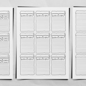 May include: Three printable sheets of paper with a parchment paper design. Each sheet has nine blank spaces with lines for writing. The spaces are bordered by a decorative frame.