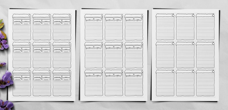 May include: Three printable sheets of paper with a parchment paper design. Each sheet has nine blank spaces with lines for writing. The spaces are bordered by a decorative frame.