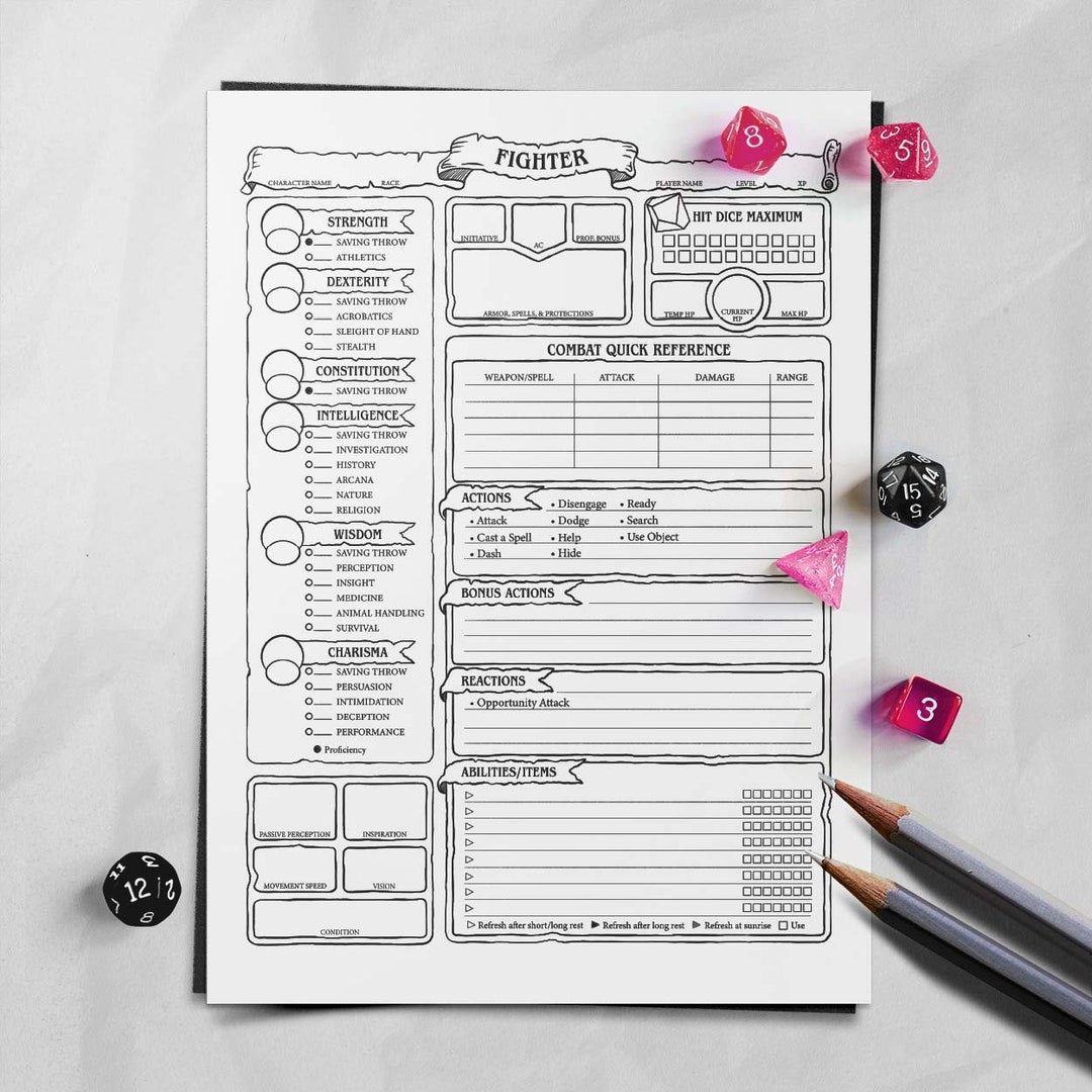 Fighter Character Sheet - D&amp;D 5e - Etsy