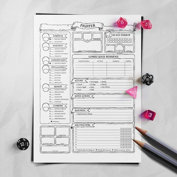 Fighter Character Sheet D&amp;D 5e - Etsy
