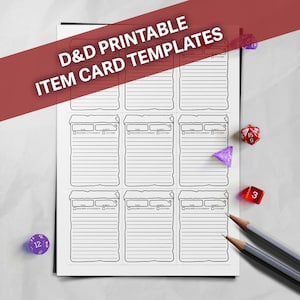 May include: Printable D&D item cards with a black and white design. The cards have sections for name, type, rarity, required attainment, and attained. There are six cards on the page.