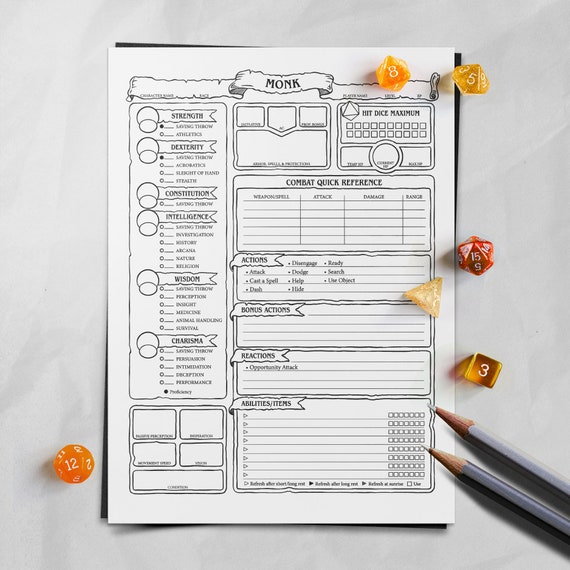 Monk Character Sheet D&amp;D 5e - Etsy Australia