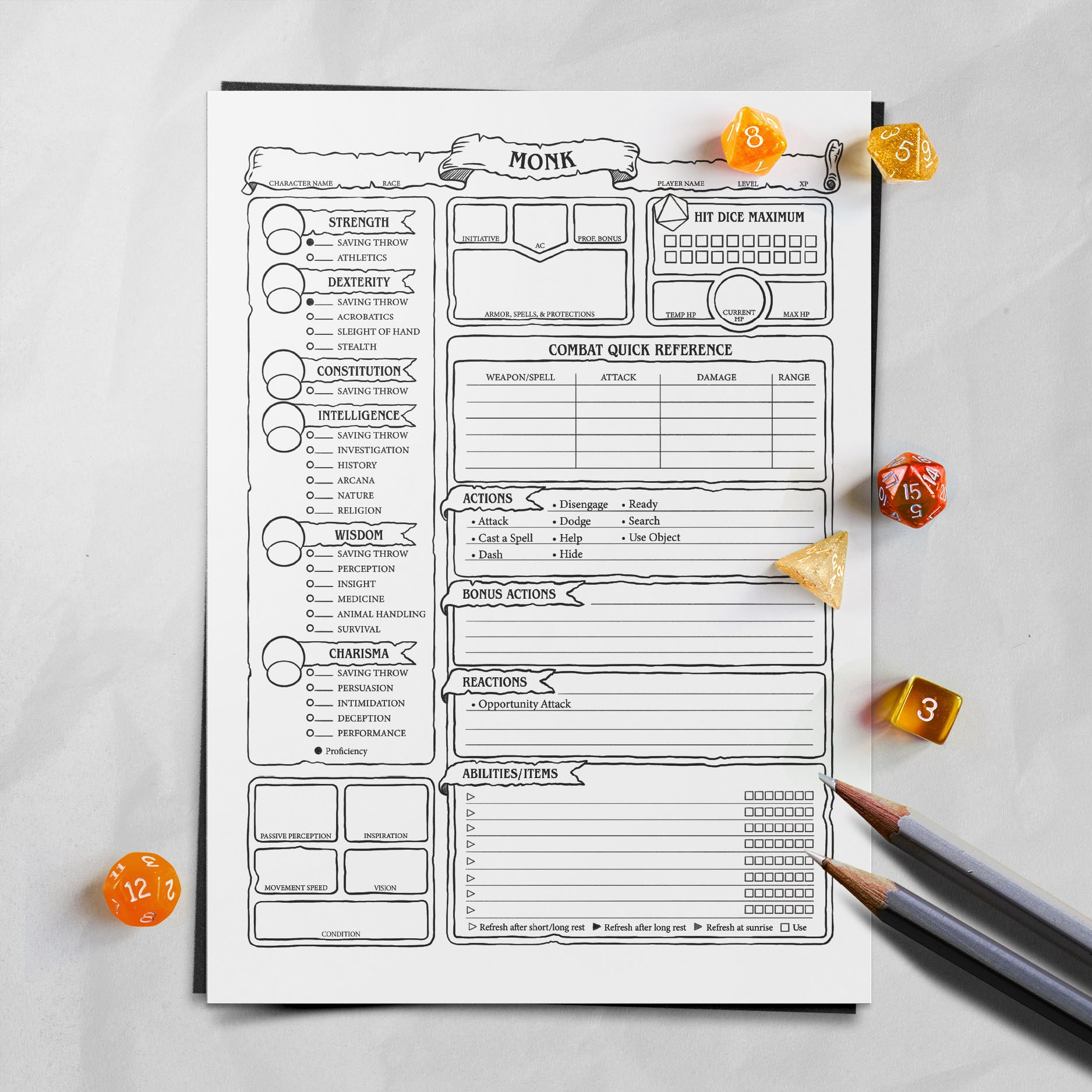 Monk Character Sheet D D 5e Etsy