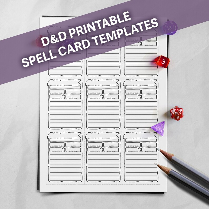 May include: Printable D&D spell card templates. The templates are black and white and have a parchment-like texture. The templates have spaces for the spell name, casting time, range, components, duration, and description.