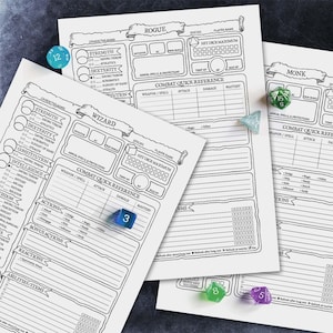 May include: Three black and white character sheets for a role-playing game. The sheets are labeled "Rogue", "Monk", and "Wizard". Each sheet has a section for character information, combat quick reference, and items.