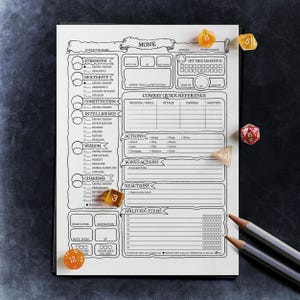 May include: A black and white character sheet for a tabletop role-playing game, with the title "Monk" at the top. The sheet includes sections for character name, species, hit dice maximum, armor, spells, and protections, combat quick reference, actions, bonus actions, reactions, abilities, items, passive perception, inspiration, move speed, experience points, death saves, and failures. The sheet is filled with various boxes and lines for players to fill in their character's information.