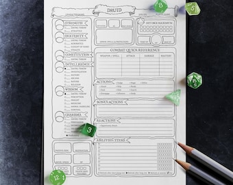 May include: A black and white character sheet for a Dungeons and Dragons game. The sheet is labelled "Druid" and includes sections for character name, strength, dexterity, constitution, intelligence, wisdom, charisma, hit dice maximum, armour, spells, and protections, combat quick reference, actions, bonus actions, reactions, abilities, and items. The sheet is surrounded by green dice.