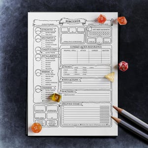 May include: A black and white character sheet for a tabletop role-playing game, labeled "Sorcerer". The sheet includes sections for character name, species, hit dice maximum, armor, spells, and protections, combat quick reference, actions, bonus actions, reactions, abilities, and items. There are also spaces for dice rolls and other notes.
