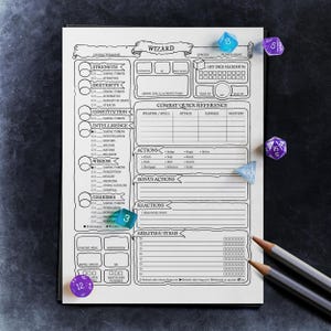 May include: A black and white character sheet for a tabletop role-playing game, labeled "Wizard". The sheet includes sections for character name, species, player name, strength, dexterity, constitution, intelligence, wisdom, charisma, saving throws, skills, armor, spells, protections, hit dice maximum, temporary hit points, hit points, maximum hit points, weapon/spell, attack, damage, mastery, actions, bonus actions, reactions, abilities, items, passive perception, inspiration, move speed, experience points, death saves, and failures. The sheet is surrounded by dice, including a purple d12, a blue d8, a purple d15, and a blue d6.