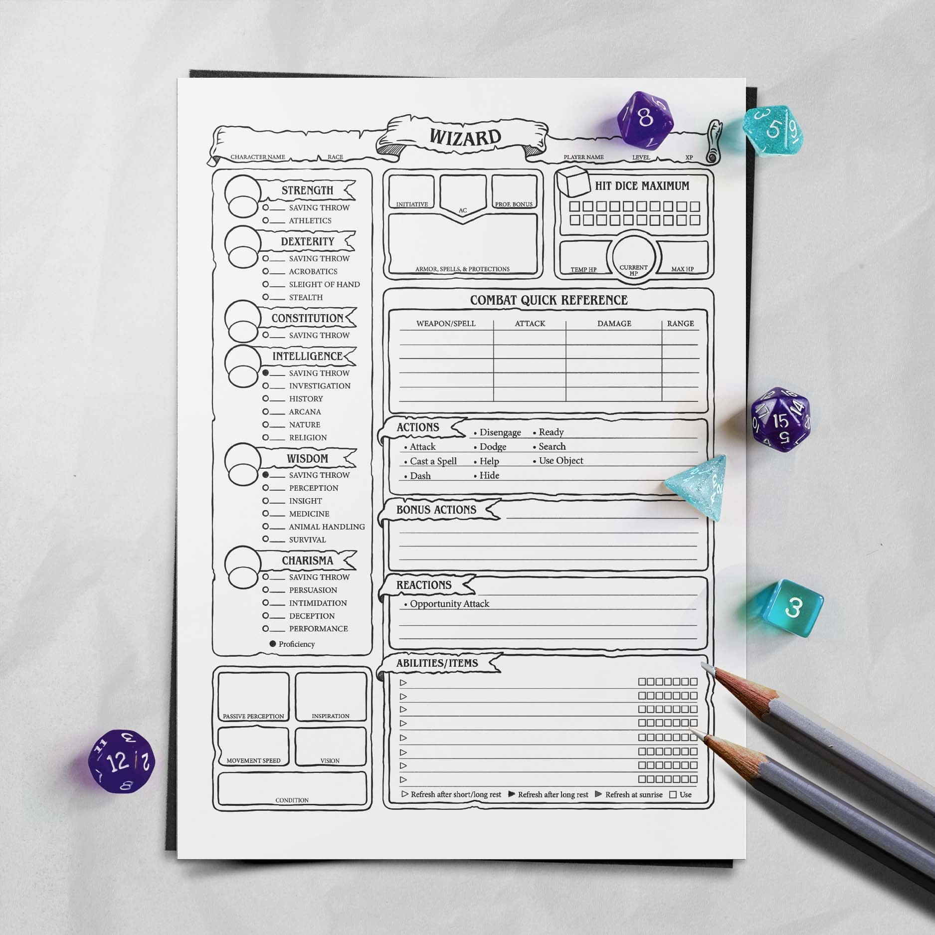 Wizard Character Sheet D D 5e Etsy