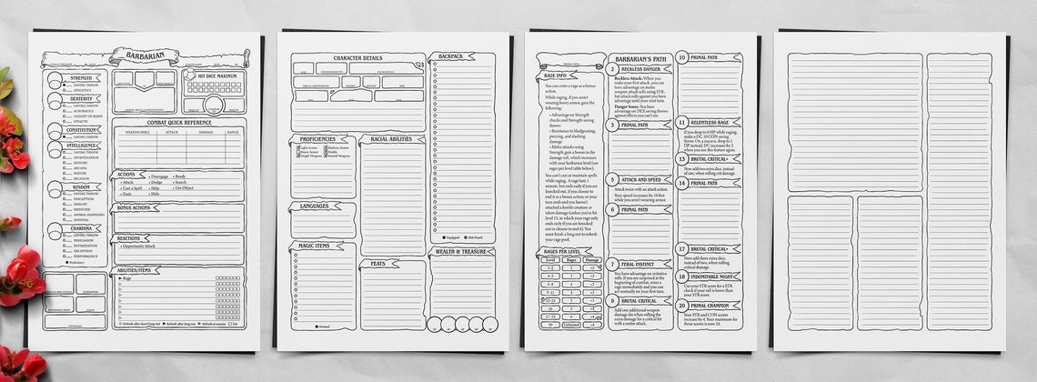 Barbarian Character Sheet D&amp;D 5e - Etsy