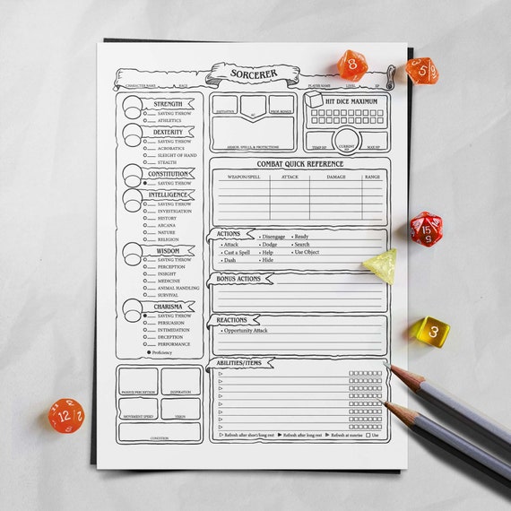 Sorcerer Character Sheet D&amp;D 5e - Etsy