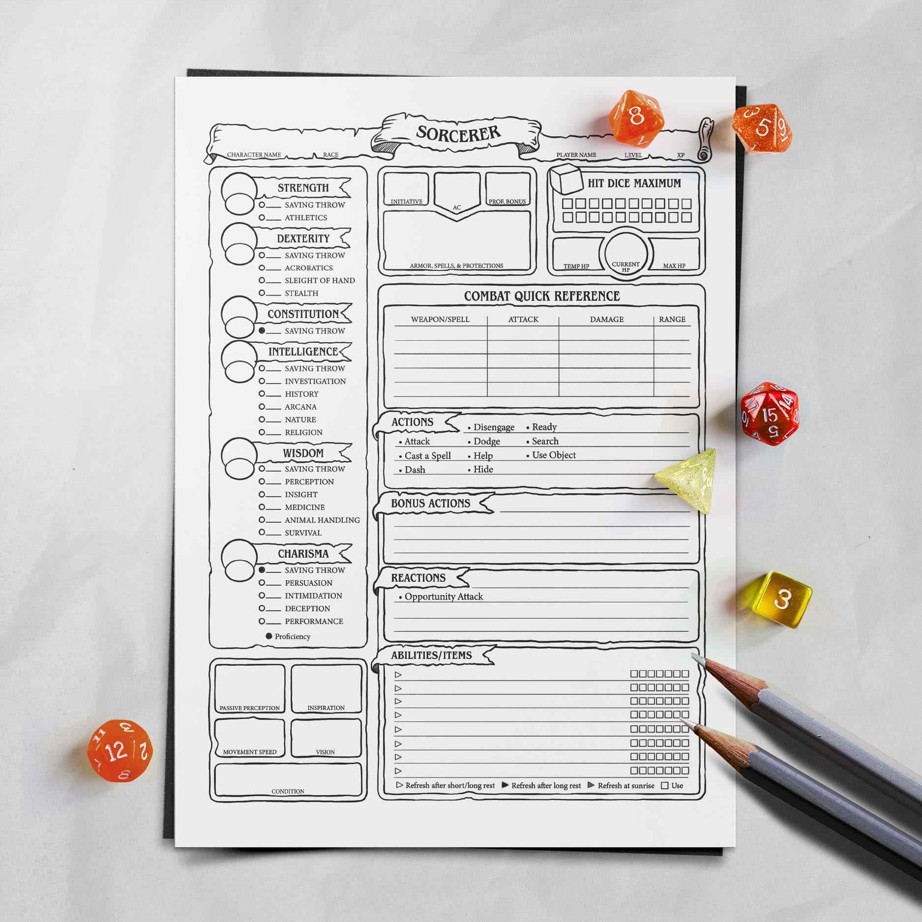 Sorcerer Character Sheet D D 5e Etsy