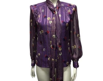 Vintage 1970's Metalic Purple Pattern Tie-Neck Blouse