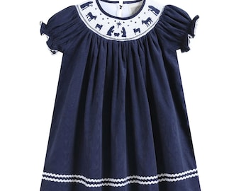 Navy Blue Corduroy Nativity Smocked Bishop Dress