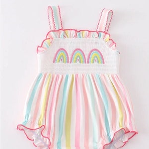 Baby Girl's Striped Rainbow Smocked Bubble Romper