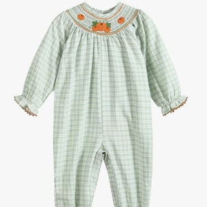 Baby Girl&#39;s Sage Long Sleeve Pumpkin Smocked Thanksgiving Playsuit