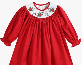 Girls Red Christmas Smocked Poinsettia Mistletoe Smocked Christmas Bishop Dress