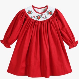 Girls Red Christmas Smocked Poinsettia Mistletoe Smocked Christmas Bishop Dress