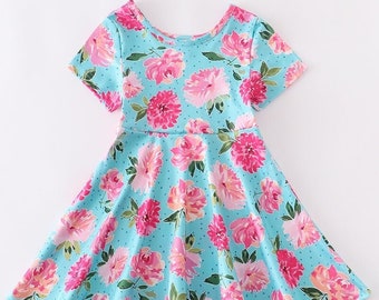 Girls Soft Blue and Pink Floral Twirl Dress